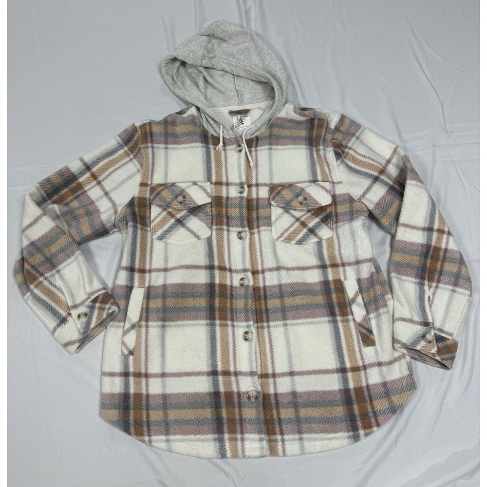 Altard State Cole Fleece Hooded Jacket Womens XL Plaid Shacket Cream Brown